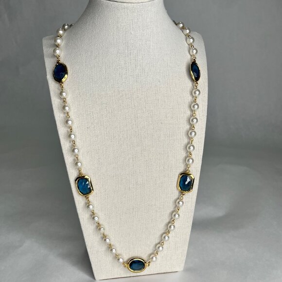 Unknown Jewelry - Gold-Plated Necklace With Pearls & Blue Gemstone Accents